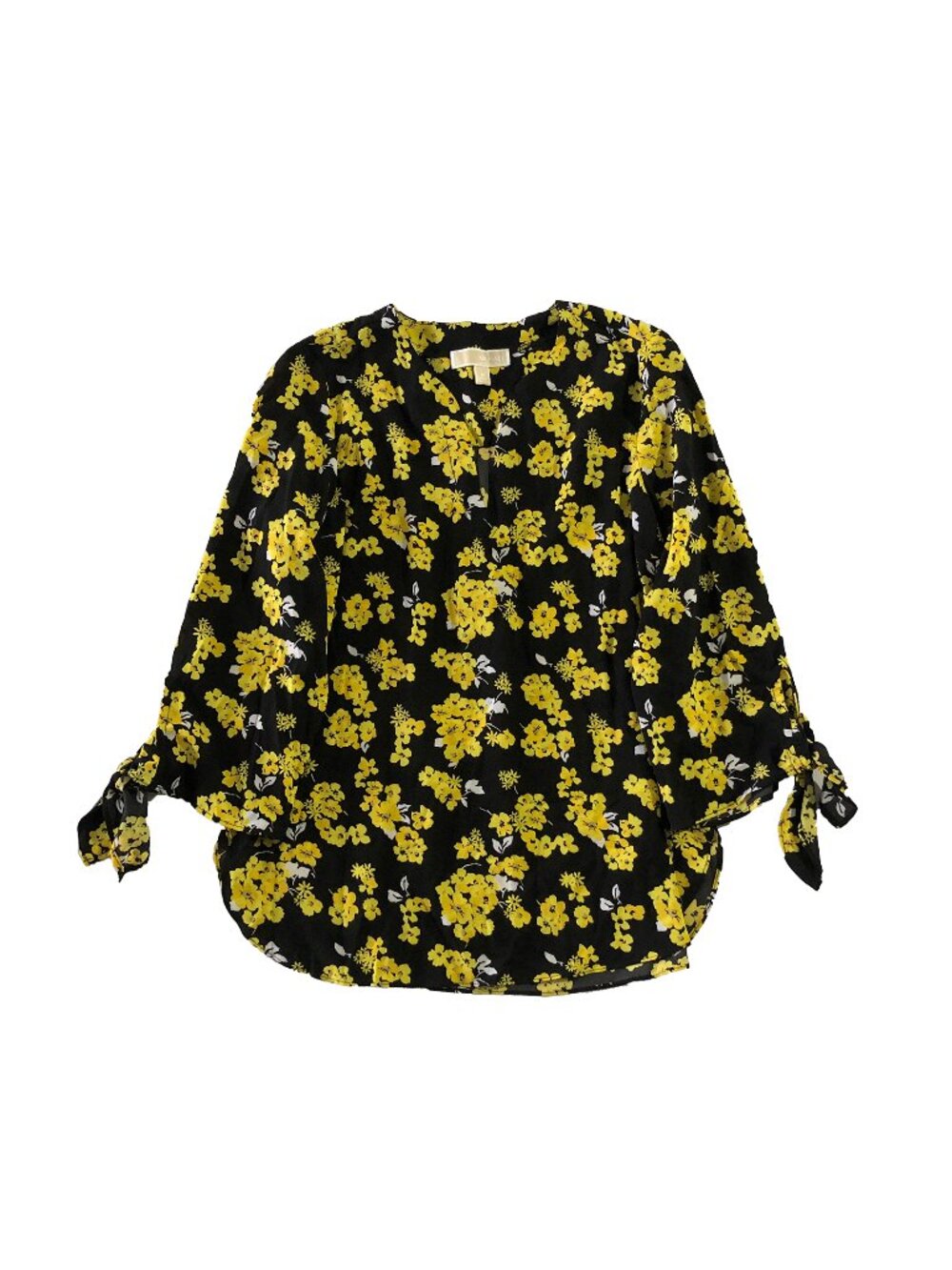 Michael Kors Top Womens Size M Black Yellow Floral Peasant V-Neck Tie Sleeves